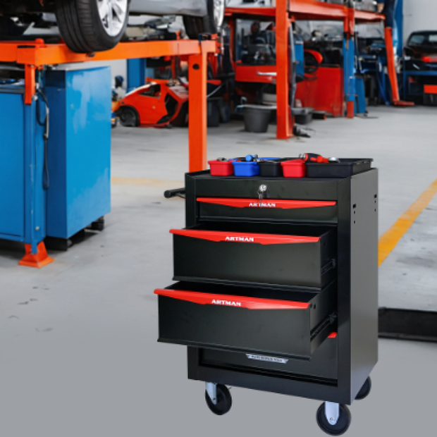 Rolling Metal Tool Chest With 4 Drawers, 20 4-Drawer Tool Chest Cabinet With Ball Bearing Drawer Slides, Steel Tool Storage Box Organizer -BLACK RED