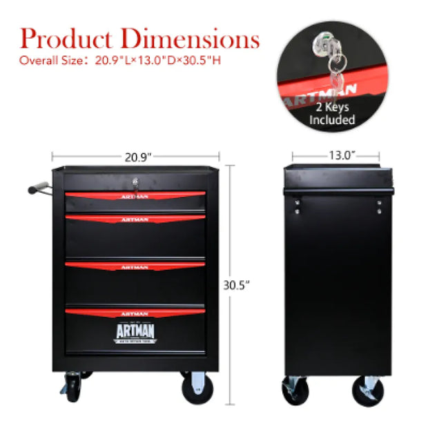 Rolling Metal Tool Chest With 4 Drawers, 20 4-Drawer Tool Chest Cabinet With Ball Bearing Drawer Slides, Steel Tool Storage Box Organizer -BLACK RED