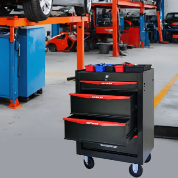 Rolling Metal Tool Chest With 4 Drawers, 20 4-Drawer Tool Chest Cabinet With Ball Bearing Drawer Slides, Steel Tool Storage Box Organizer -BLACK RED